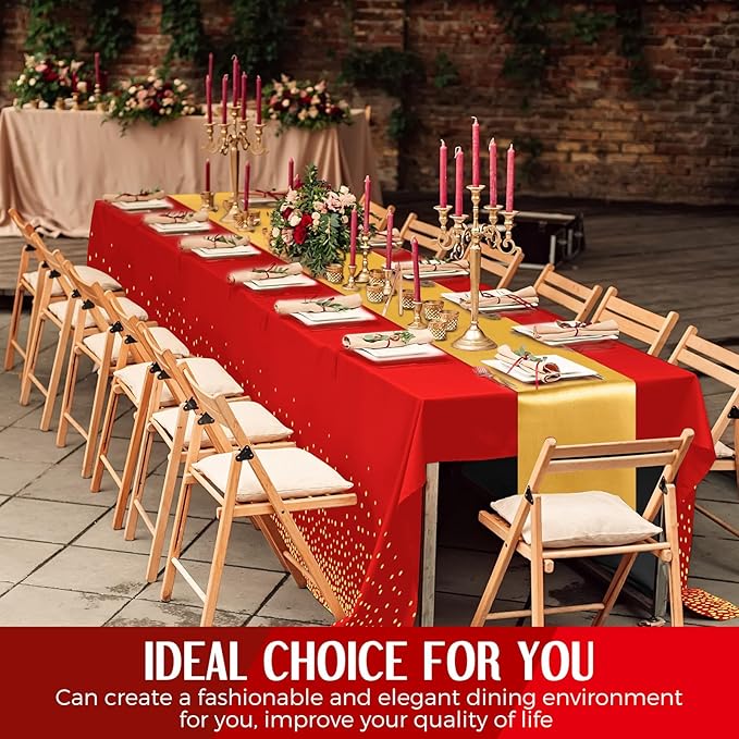 Tudomro 16 Pcs Red and Gold Disposable Plastic Tablecloths and Satin Table Runner Set 54x108 Inch Tablecloth 12x108 Inch Table Runners for New Year Wedding Birthday Baby Shower Graduation