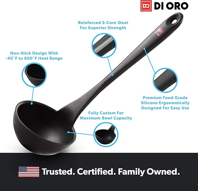 DI ORO Silicone Ladle ??Soup Ladle for Cooking & Serving Heat-Resistant - Large Kitchen Soup Ladle Nonstick Cookware Safe - Soup Serving Spoon with Wide Bowl - Silicone Utensil Dishwasher Safe (Black)