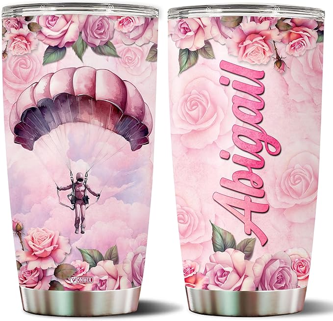 Personalized Skydiving Parachute Coffee Cup Mug Tumbler for Women, Girls, Wife, Daughter, Insulated Stainless Steel 20oz Gift for Christmas, Birthday, Mother's Day, Valentine