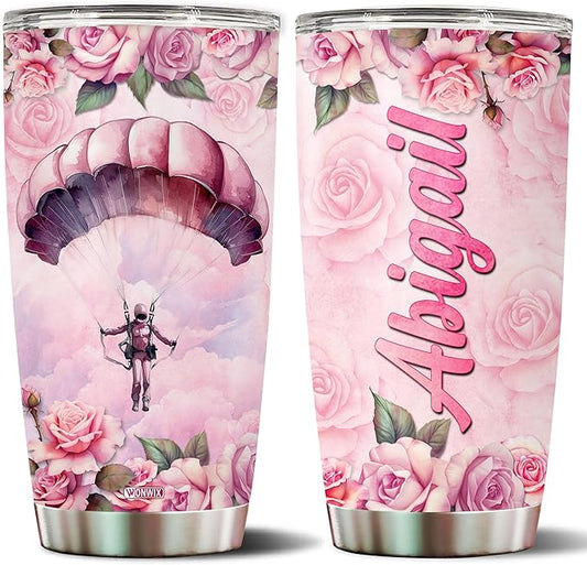 Personalized Skydiving Parachute Coffee Cup Mug Tumbler for Women, Girls, Wife, Daughter, Insulated Stainless Steel 20oz Gift for Christmas, Birthday, Mother's Day, Valentine