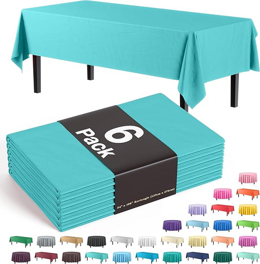 Party Solids 6-Pack Premium Plastic Tablecloth 54in. x 108in. Rectangle Plastic Table Cover - Aqua