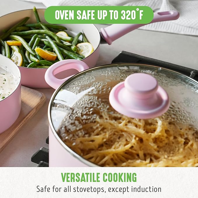 GreenLife 6QT Ceramic Nonstick Stockpot with Glass Straining Lid, PFAS-Free, Dishwasher Safe, Stay-Cool Handles, Oven Safe to 350째F, Wobble-Free Base, Even Heating, Pink