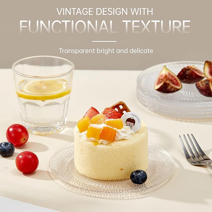 Dessert Plates - 6 Inch/15cm Handblown Glass Plates Set of 6 - Small Dessert Salad and Decorative Plates, Clear Glass Mini Dinner Plates for Appetizers, Salads, and Small Meals