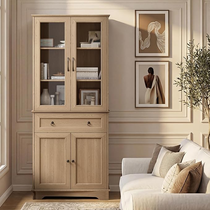 Set of 2 72" Tall Kitchen Pantry Storage Cabinets with Glass Doors and Drawer, Farmhouse Cupboards with Adjustable Shelves, Freestanding Food Pantries for Kitchen, Dining Room, Natural