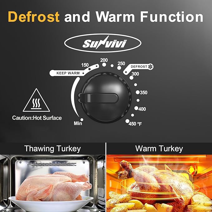 Sunvivi 14-Quart Roaster Oven with Self-Basting Lid, Electric Turkey Roaster Oven with Removable Pan and Rack, Stainless Steel, Black