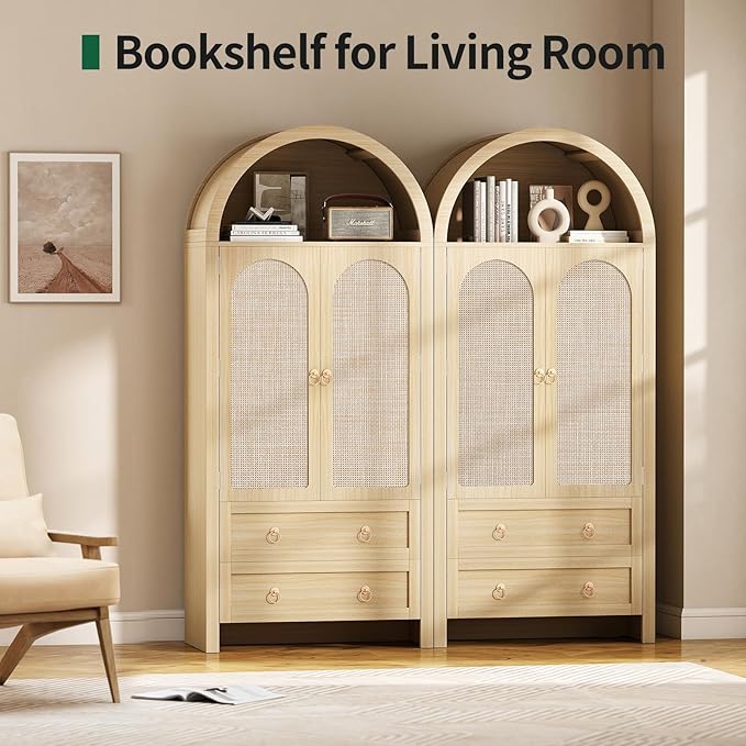 71" Arched Cabinet Kitchen Pantry Cabinet with Rattan Doors, Storage Cabinet with Drawers & Height Adjustable Shelves, Hutch Cabint with Storage, Tall Arched Bookcase for Dining Room Kitchen, Natural