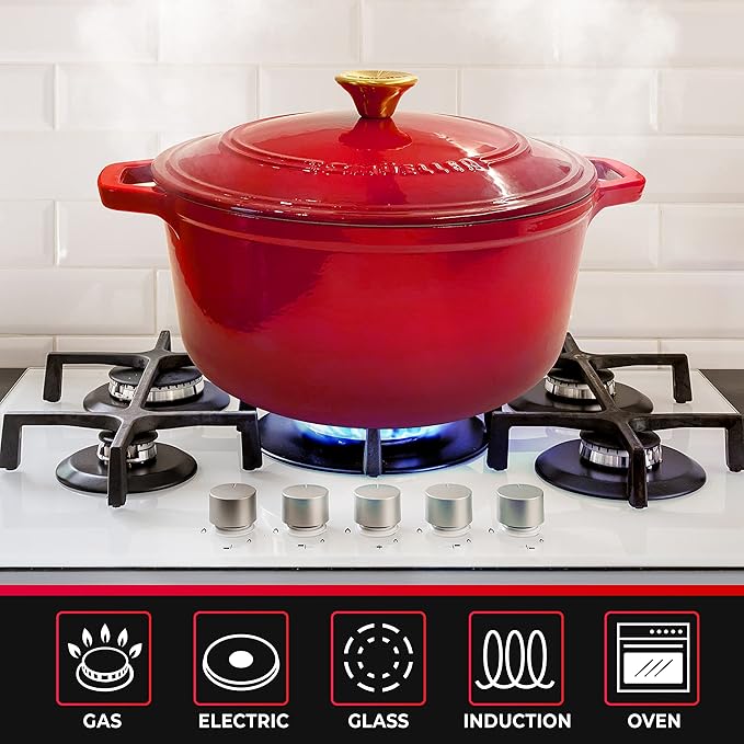 Mueller 6qt Enameled Cast Iron Dutch Oven, Heavy-Duty Casserole and Braiser Pan with Lid and Knob, Oven-Safe up to 500째 F & Across All Cooktops, Red