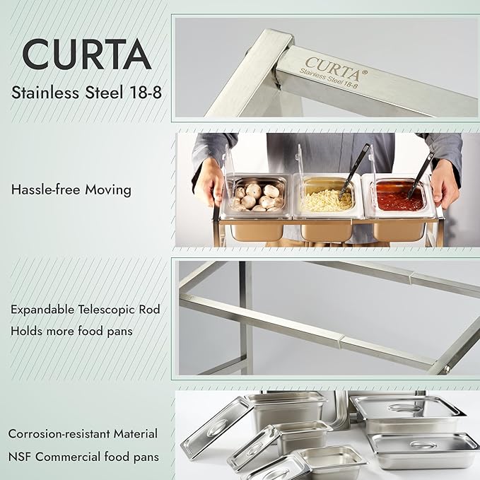 CURTA Commercial Spice Rack Set, NSF Certified, 18/8 Stainless Steel Inclined Organizer Shelf with 3 1/6 4" Pan & 3 Ladles, 13.8"-23.6" Adjustable, Countertop Holder for Seasoning Topping