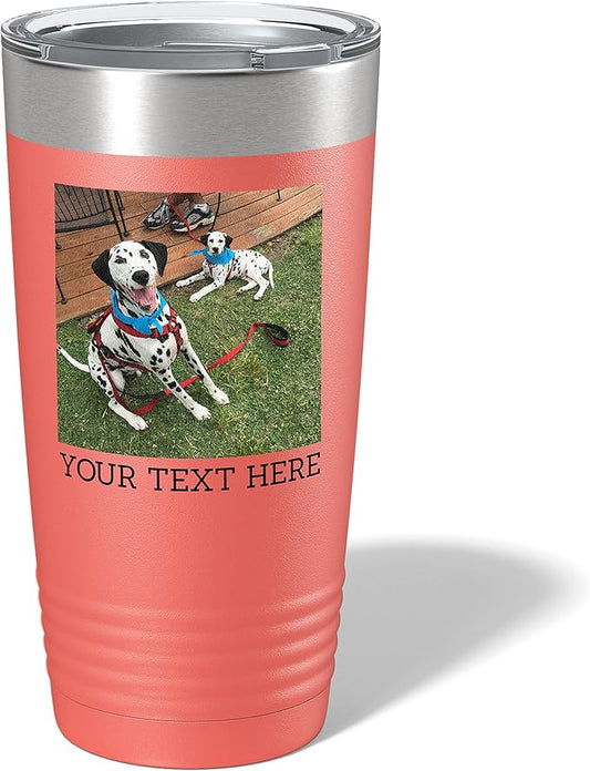 Personalized 20oz (17 Colors) Photo Picture Printed Insulated Stainless Steel Powder Coated Tumbler with Lid ??Customized Mom Mother's Day Gift Gift for Men, Custom Mum Women Dad Men (Coral)