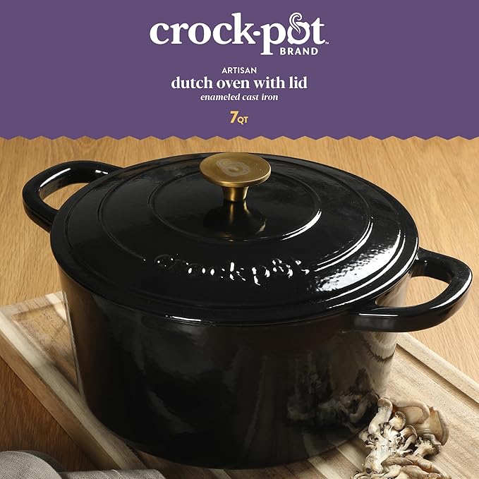 Crock Pot Artisan 7-Quart Round Cast Iron Dutch Oven with Lid ??Black Enamel Finish, Gold Knob, Durable Heavy-Duty Cookware for Slow Cooking, Baking, and Roasting