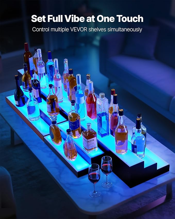 VEVOR LED Lighted Liquor Bottle Display, 1 Tier 48 Inches Whiskey Rack, Supports USB, Illuminated Home Bar Shelf with RF Remote & App Control, 7 Static Colors, Acrylic Lighted Shelf for 12 Bottles