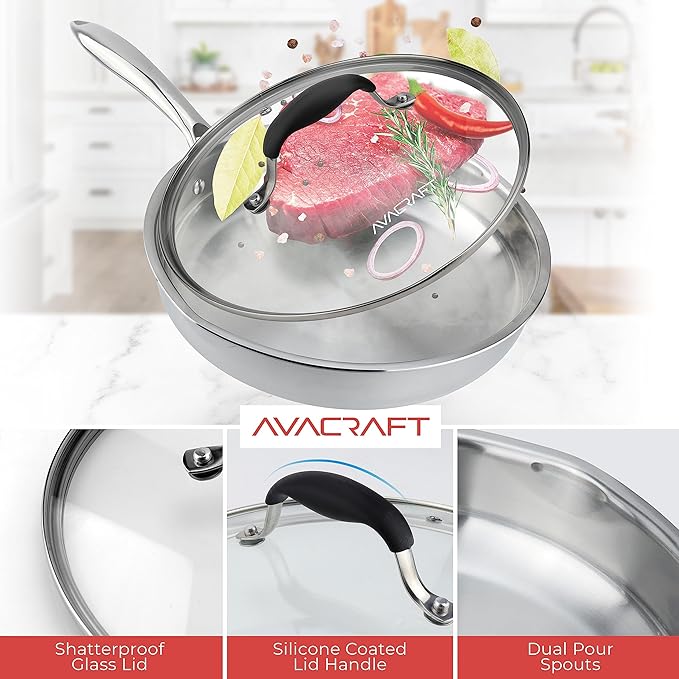 AVACRAFT 18/10 12 Inch Stainless Steel Frying Pan with Lid, Side Spouts, Induction Pan, Versatile Stainless Steel Skillet, Fry Pan in our Pots and Pans (Tri-Ply Stainless Steel, 12 Inch)