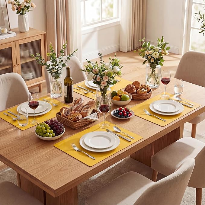 Artoid Mode Yellow Faux Leather Placemats Set of 6, 12x18 Inch Waterproof Wipeable Heat Resistant Place Mats, Reversible Table Mats for Summer Kitchen Dining Decor