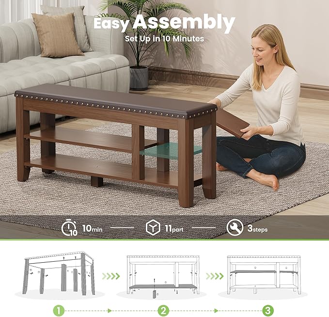 Shoe Bench for Entryway, Solid Rubberwood Shoe Bench with Hidden Storage, Adjustable 2-Tier Shelves & Soft PU Leather Seat, Shoe Rack Durable Easy Assembly for Hallway or Bedroom - Brown, 47.28"
