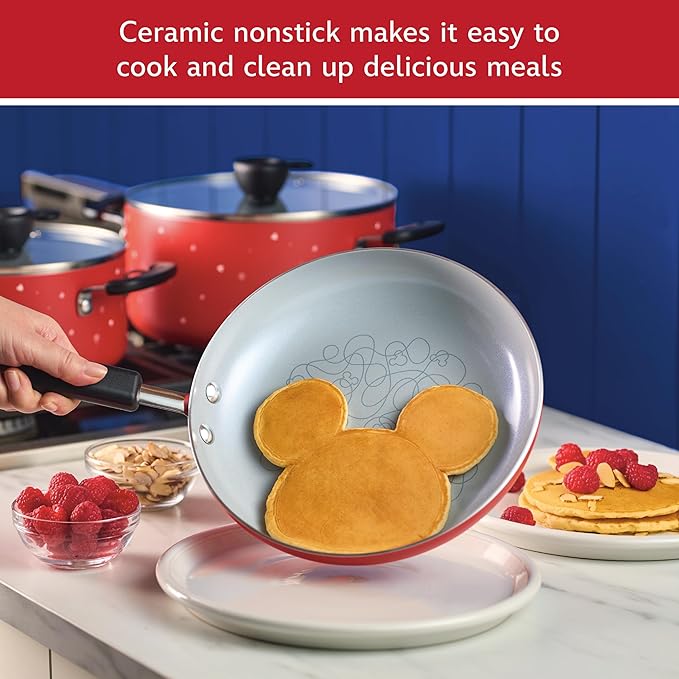 Farberware Disney Bon Voyage Ceramic Nonstick Pots and Pans Set with Baking Sheet/Cookie Pan and Disney Home Kitchen Tools, 8 Piece Non Stick Cookware Set - Red
