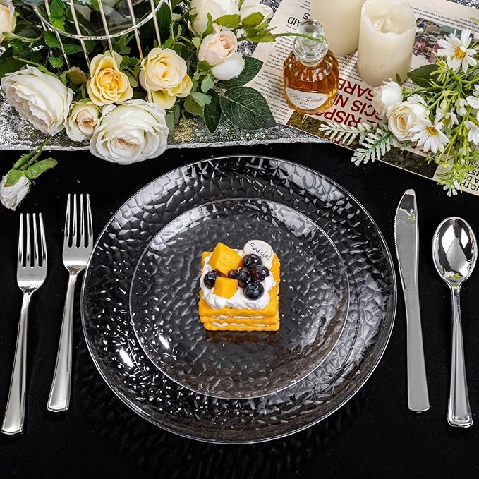 Rubtlamp 100Pcs Clear Plastic Plates, Heavy-Duty Party Plates, clear hammered plastic plates Include 50 Clear Dessert/Salad Platos, 50 Dinner Platos for Party