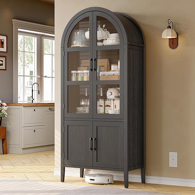 ONBRILL 71" Tall Arched Cabinet, 5-Tier Arched Kitchen Pantry with Glass Doors & Shelves, Modern Display Arch Cabinet with Adjustable Feet, Wooden Pantry for Living Room, Dining Room (Black)