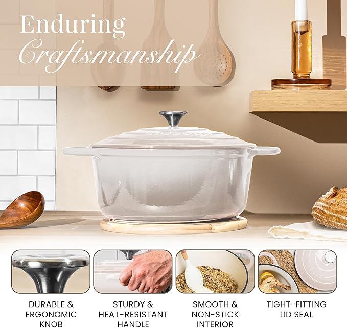 Nuovva Enamelled Cast Iron Dutch Oven Pot with Lid 6.4 Quart Non Stick Casserole Pot ??Heavy Duty & Oven Safe up to 500째 F for Bread Baking, Braising, Stews, Roasting ??28cm Oyster