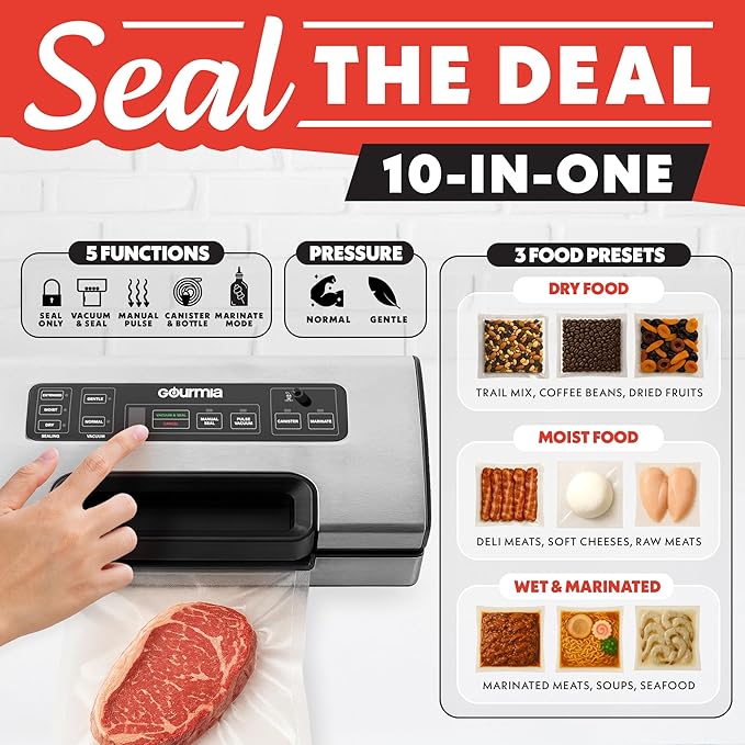 Gourmia Vacuum Sealer ??Food Preservation System with Marinate Mode and Vacuum Hose, Pulse Control, LED Display, Built-In Cutter, Gentle & Normal Vacuum Options, Stainless Steel