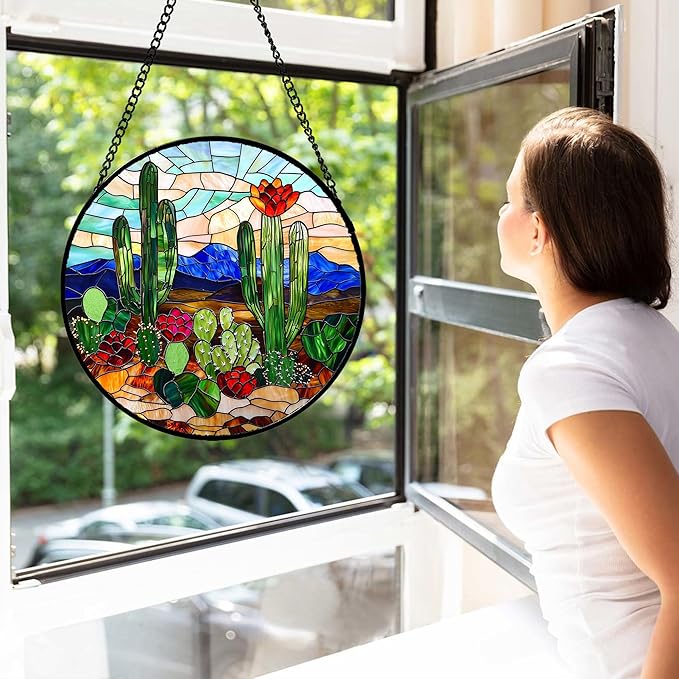 Stained Glass Window Hanging, Green Cactus Suncatcher for Doors Window Home Plant Landscape Sun Catchers Decoration Mother's Day Birthday Gifts for Women, Men, and Mom 11.8 in