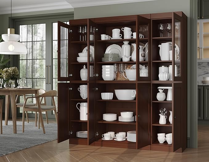 Palace Imports 100% Solid Wood Kitchen China Pantry Cabinet, 65" W - 4 Clear Glass & 4 Shaker Doors, Renewable Eco-Friendly Wood, Made in Brazil (Mocha, 8 China/Shaker Doors | NO Drawers)