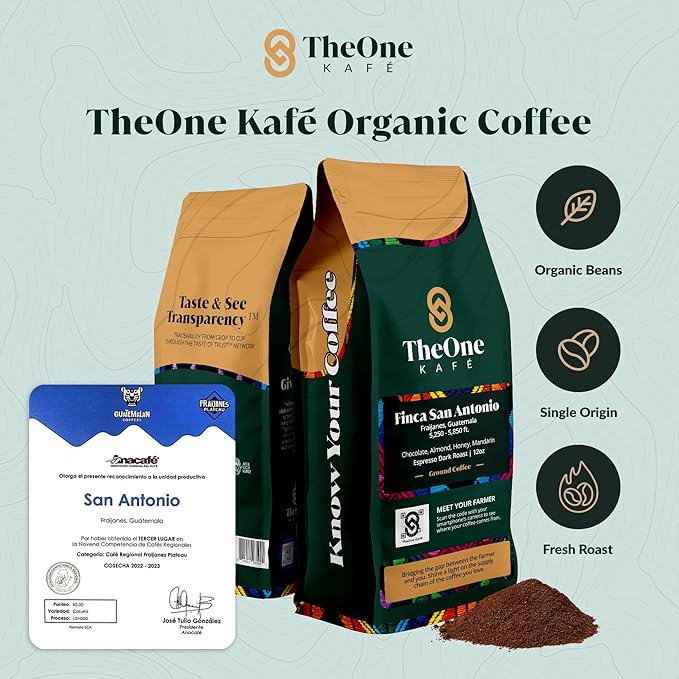 TheOne Kafé Guatemala Dark Roast Ground Coffee ??Organic, Single Origin, Premium Specialty Coffee, Ethically Sourced, Smooth & Rich Flavor ??Fresh Roasted for Espresso, Drip, Pour Over ??12 oz