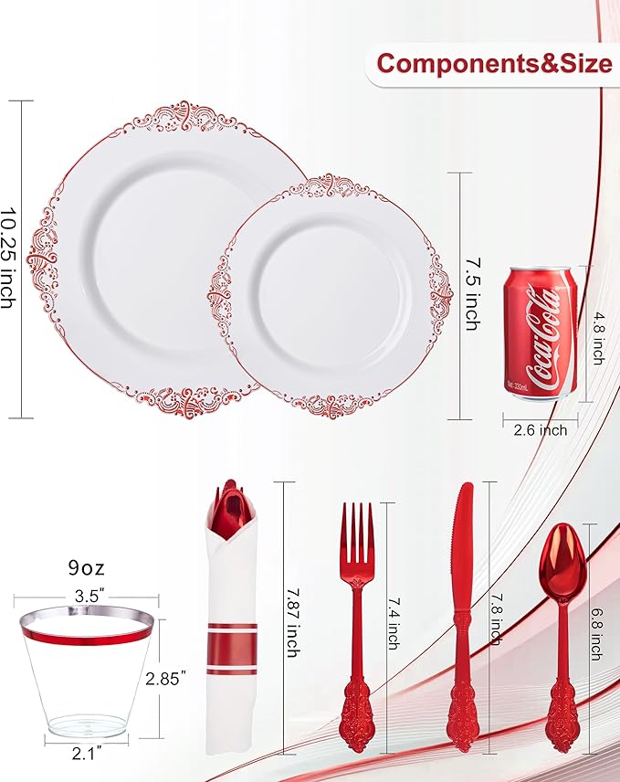 Nervure 350PCS Red Plastic Plates - White Red Plastic Dinnerware Set for 50 Guests - 100 Red Disposable Plates, 50 Pre Rolled Cutlery Set, 50 Cups Perfect for Wedding, Party