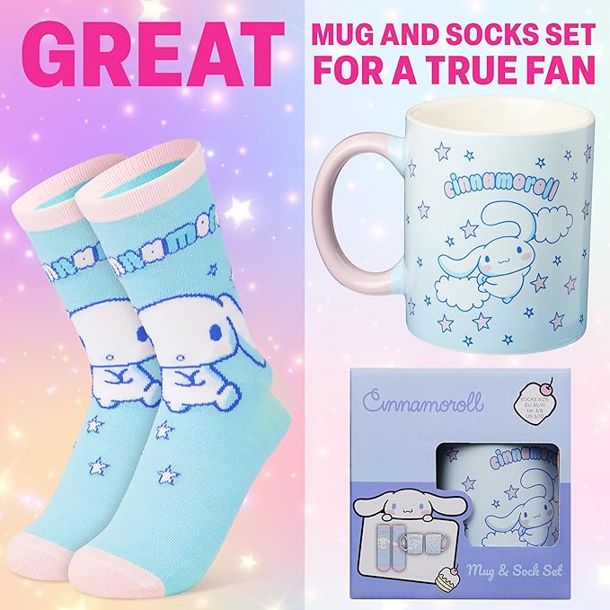Get Trend Cinnamoroll Sanrio Coffee Mug, Socks Set, 11.5 oz Ceramic Cup Crew Socks, Kawaii Drinkware Christmas, Secret Santa Gifts for Women (Blue Cinnamoroll)
