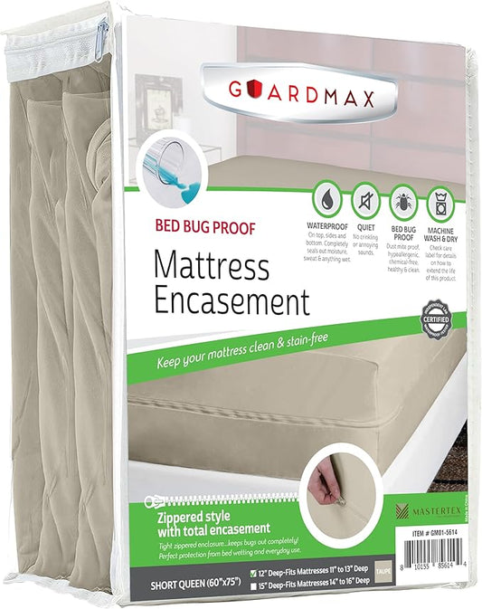 Guardmax Jersey Knitted Short Queen Zippered Mattress Encasement - Waterproof & Bed Bug Proof Mattress Protector - Comfortable, Soft, and Noiseless Zippered Bedding - Dust Mite Proof (60 x 75 x 12)