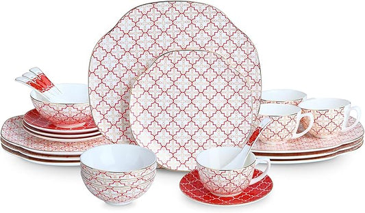 24 Piece Red Poreclain Dinnerware Set,Bone china Set for 4,Ceramic Plates and Bowls Sets With checkered cross pattern,Highly Chip and Crack Resistant | Oven & Dishwasher (Red + Checkered Cross)