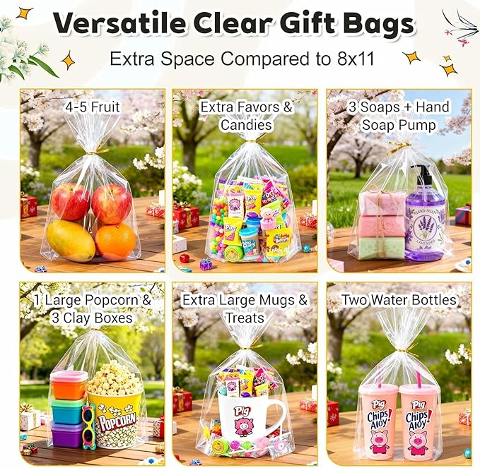 PigPotParty Cellophane Bags, Clear Gift Bags, Bottom Gusset for Stand-Up Display, Plastic Cellophane Gift Wrap, Ideal for Goodies, Treats, Party Favors, Mugs, Includes Ties (10x14, 50 Pack)