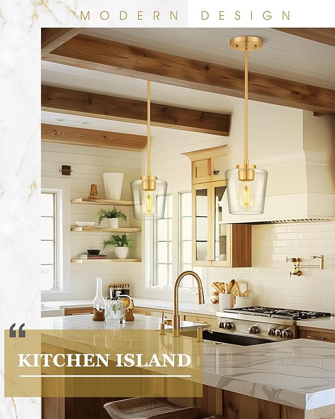 Gold Pendant Lights Kitchen Island, 6" Hanging Lights Fixtures with Clear Glass Shade, Modern Brass Kitchen Pendant Lighting Over Island for Dining Room, AD-22004-1P-GD-C