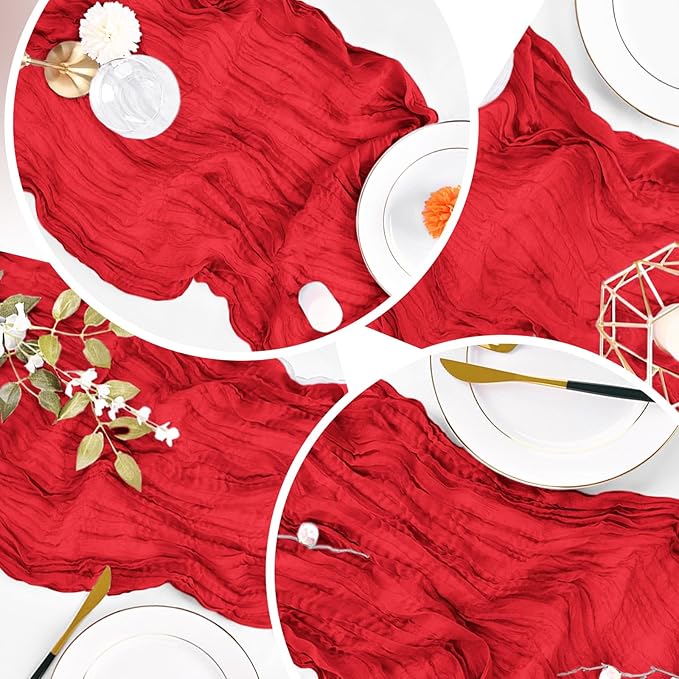4 Pack Red Cheesecloth Table Runner 20 x 120 inch Gauze Table Runners 10 FT Long,Semi Sheer Boho Cheese Cloth Fabric Table Runner Bulk for Party,Wedding,Baby Shower,Bridal Shower Decoration