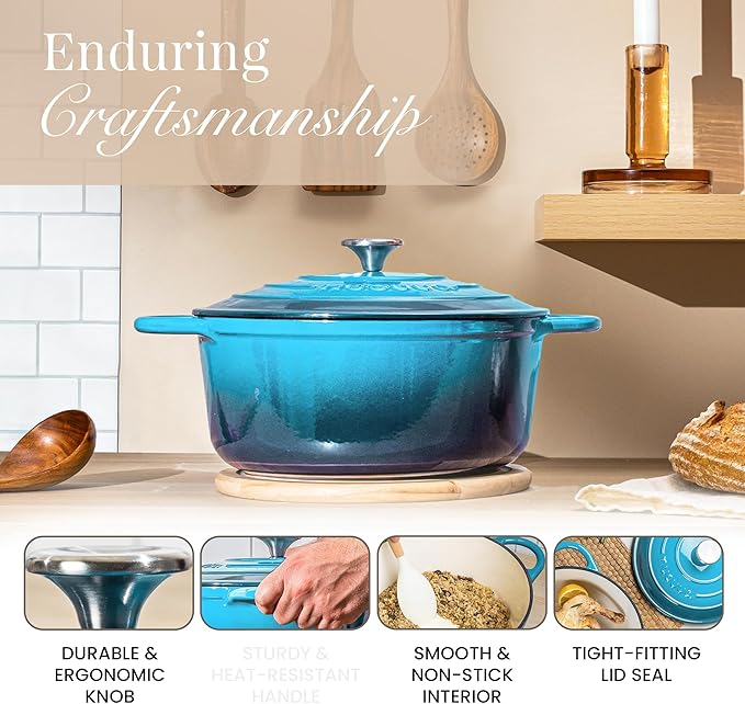 Nuovva Enamelled Cast Iron Dutch Oven Pot with Lid 6.4 Quart Non Stick Casserole Pot ??Heavy Duty & Oven Safe up to 500째 F for Bread Baking, Braising, Stews, Roasting ??28cm Light Blue