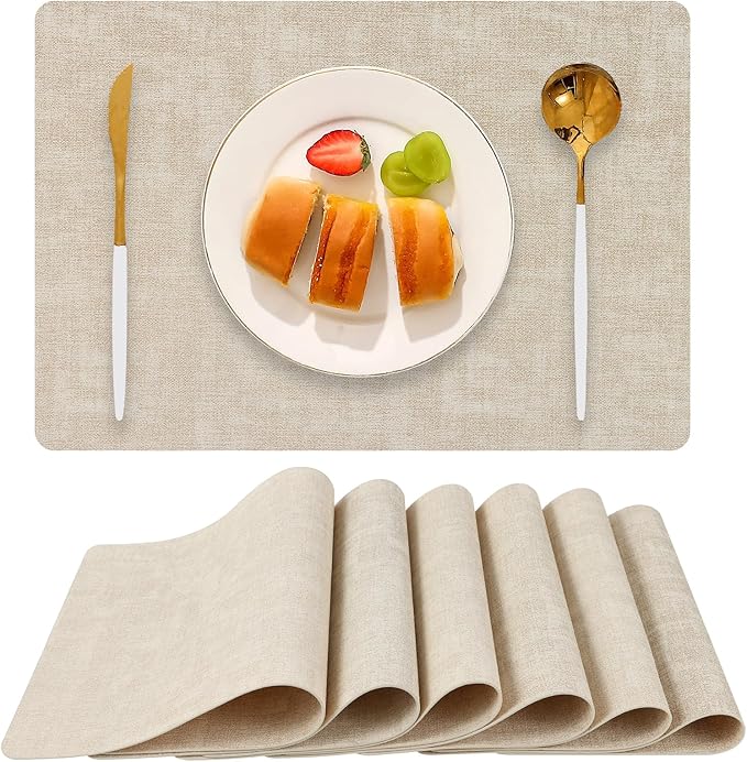 Boobezeen Faux Leather Placemats Set of 6, Heat Resistant Wipeable Washable Vinyl Place Mats, Waterproof Anti-Slip Dining Table Mats, Suitable for Indoor & Outdoor Use (Beige)
