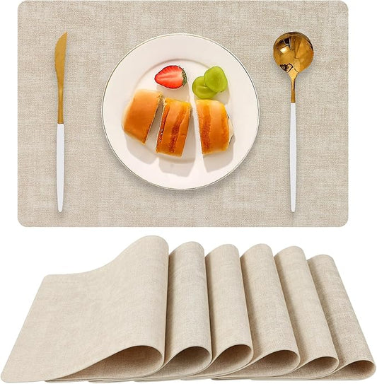 Boobezeen Faux Leather Placemats Set of 6, Heat Resistant Wipeable Washable Vinyl Place Mats, Waterproof Anti-Slip Dining Table Mats, Suitable for Indoor & Outdoor Use (Beige)