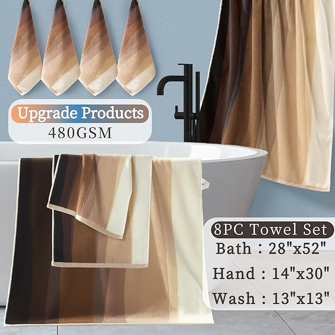 Brown Towels for Bathroom - 100% Cotton | 480GSM | Soft | Absorption | Breathable, 8 Pieces Towel Set, 2 Bath 28"x52", 2 Hand 16"x27", 4 Washcloths 13"x13", Fancy Decorative Towels, Beige and Brown