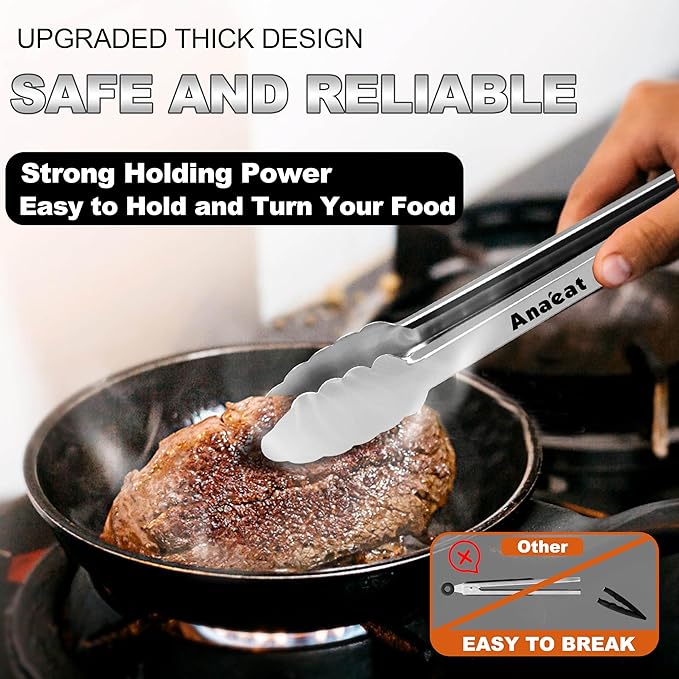 Anaeat Premium Stainless Steel Kitchen Tong Set of 2 - Sturdy Coiled Spring 9" and 12" Locking Food Tong with Non-Slip Silicone Grip for Cooking, Baking, Grilling, BBQ - Heat Resistant up to 480째F