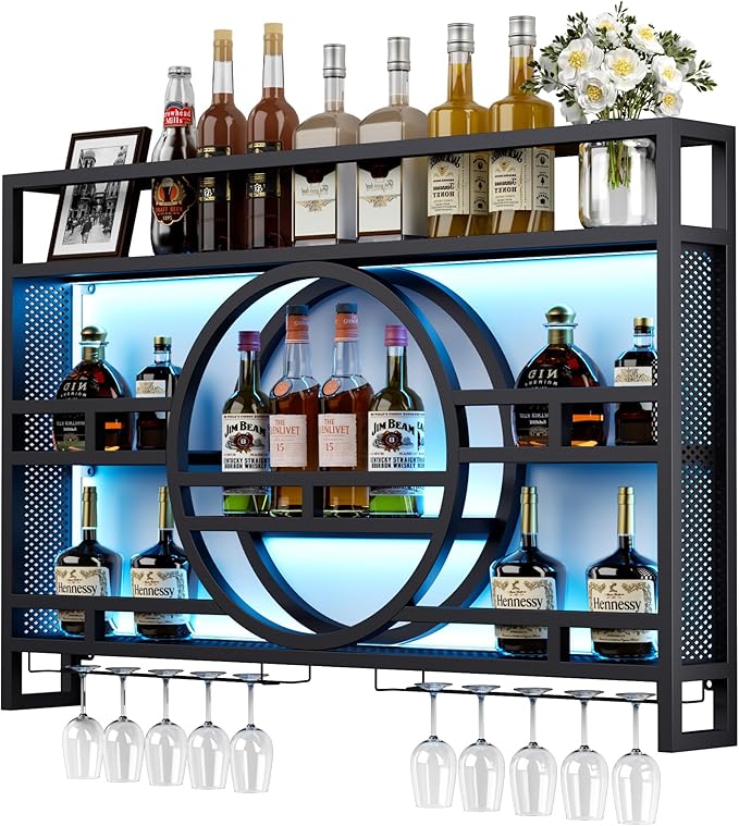 3-Tiers 39in Wine Rack Wall Mounted with Upgarded LED, Floating Bar Shelves with Wine Glass Holder Hanging Industrial Liquor Shelf, Wall-Mounted Wine Racks Cabinets for Home Bar, No Assembly Required