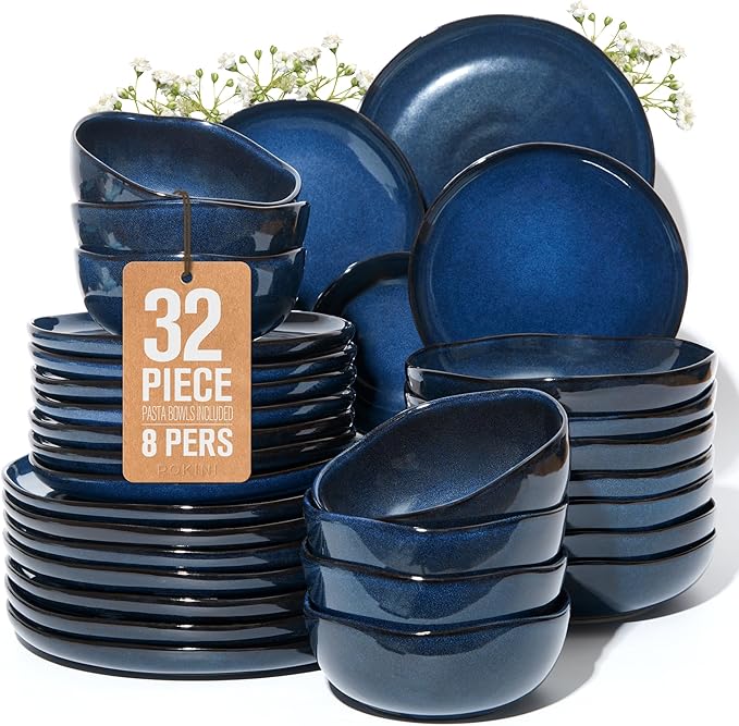 32 Piece Starry Blue Dinnerware Set with Pasta Bowls, Coastal Reactive Glaze Stoneware for 8 | Complete Serving Set for Holiday Meals, Multi?멏ish Hosting & Family Celebrations
