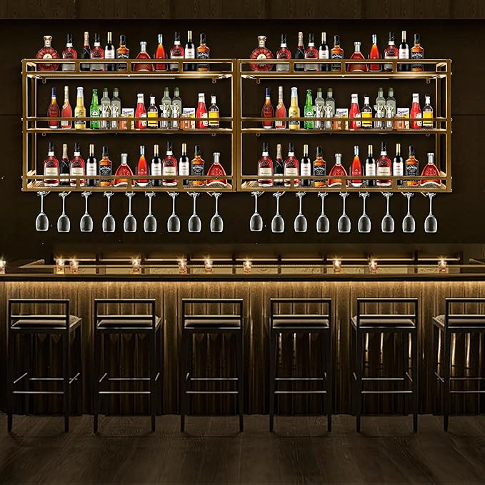 31 Inch Metal Wine Rack Wall Mounted, Bar Shelves for Liquor Bottles with LED Light, 3 Tier Large Capacity Liquor Rack Wall Mounted with Glass Holder for Home Bar & Dining Room, Gold
