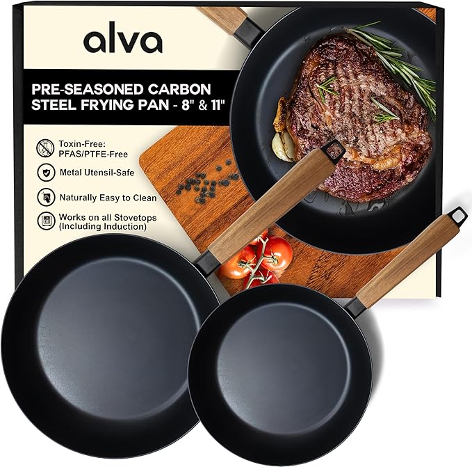 Alva Forest 8" & 11" Carbon Steel Frying Pan Set ??Naturally Nonstick, Pre-Seasoned, with Acacia Wood Handle, Made Without PTFE, PFOA, PFAS ??Sustainable Belgian Design, Induction & All-Stovetop Safe