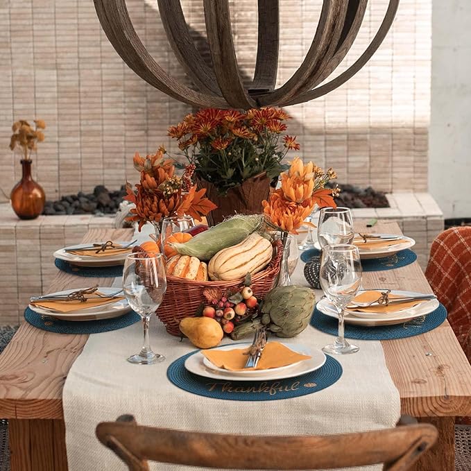 FunWheat Round Placemats Set of 6 Table Mats for Thanksgiving Tables Washable Non-Slip Place mats 15 Inch for Fall(Thankful,6pcs)