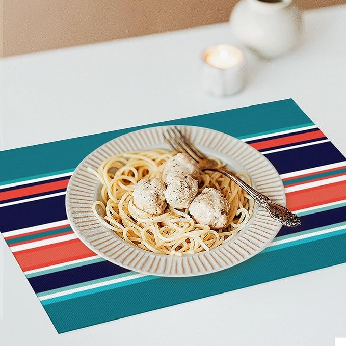 Modern Navy Teal Coral Navy Stripes Placemat, Set of 4 Heat Resistant PVC Place Mats for Kitchen Table