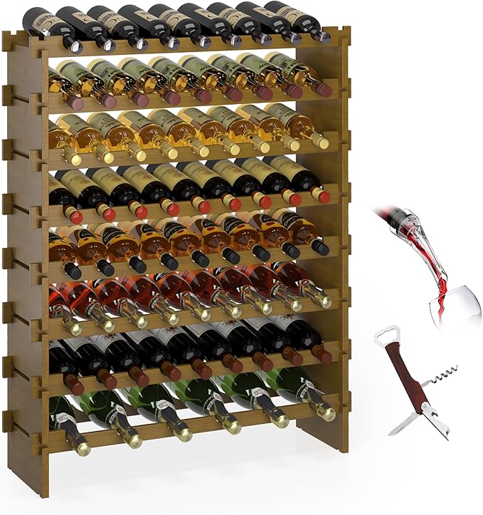 Wine Rack Freestanding Floor Bamboo Stackable Wine Storage Racks Wall Mounted, Modular Wine Bottle Stand Holder Display Shelf for Cabinet, Kitchen, Bar (Walnut)
