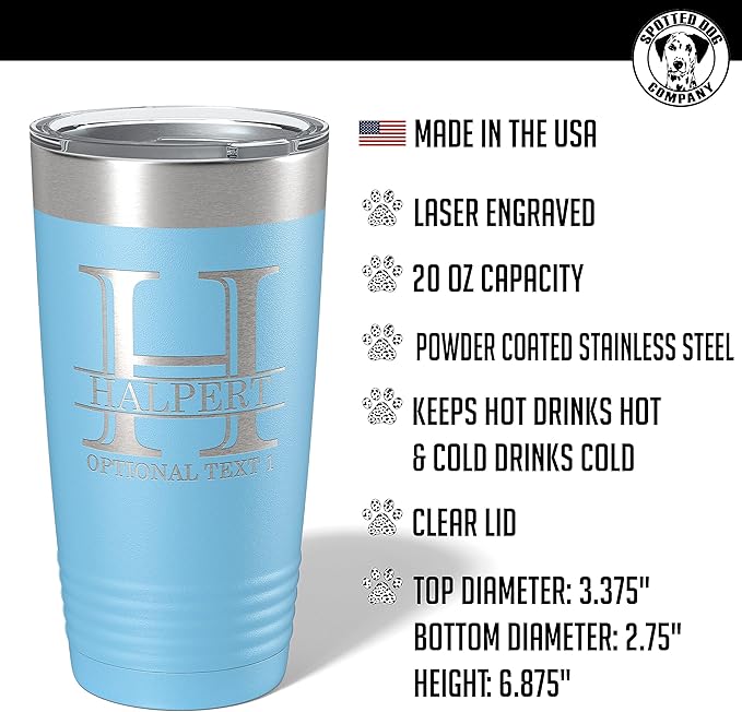 Personalized 20oz (17 Colors) Powder Coated Insulated Stainless Steel Tumbler with Lid, Custom Etched, Customized Engraved Gift Idea for Women Men Her Him, Halpert Monogram Initial Name (Light Blue)