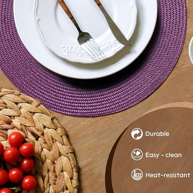 FunWheat Round Braided Placemats Set of 8 Table Mats for Dining Tables Woven Washable Non-Slip Place mats 15 inch(Purple,8pcs)