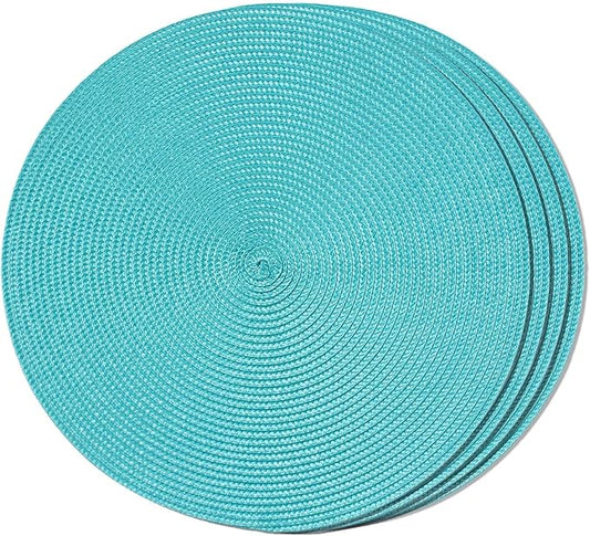 FunWheat Round Braided Placemats Set of 4 Table Mats for Dining Tables Woven Washable Non-Slip Place mats 15inch (Turquoise, 4pcs)