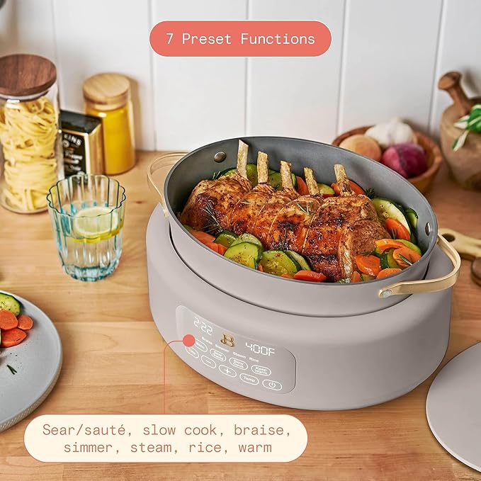 Beautiful 10-in-1 Electric Multi-Cooker by Drew Barrymore, 6-quart, digital display, 10 cooking functions, non-stick pot, easy one-touch control (Porcini Taupe)