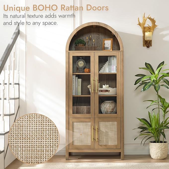 71" Tall Arched Display Cabinet, 5-Tier Bookshelf Modern Farmhouse Arched Bookcase with Glass Doors and Shelves, Wooden Pantry Storage Cabinet for Living Room, Office and Kitchen, Caramel Oak